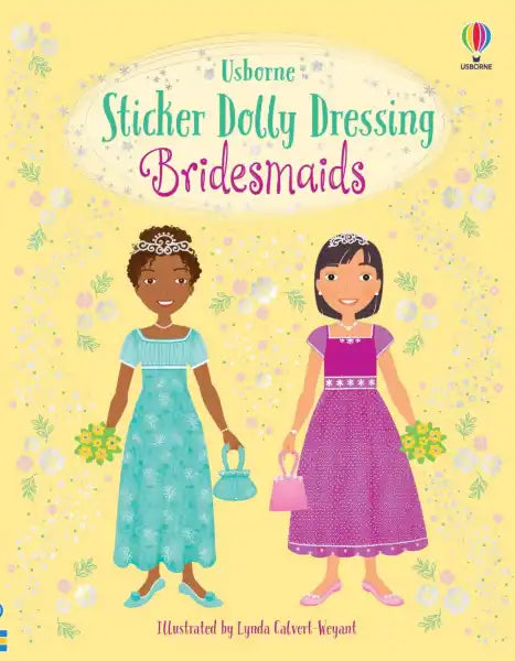 Usborne book cover featuring two girls in blue and purple bridesmaid dresses on a yellow floral background.