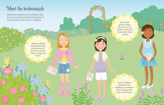 Colorful illustration of three girls in a flower garden holding wedding invitations with descriptive text bubbles.