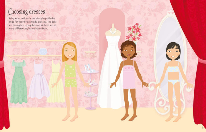 Illustration of three girls in a pink bridal shop with colorful dresses on racks and a white wedding gown.