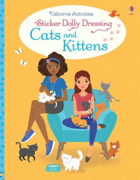 Book cover showing two girls on a teal chair surrounded by black, white, and ginger kittens on a yellow background.