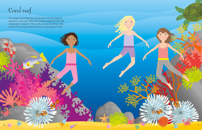 Colorful illustration of three girls swimming in a vibrant coral reef with fish, a turtle, and bright sea plants.