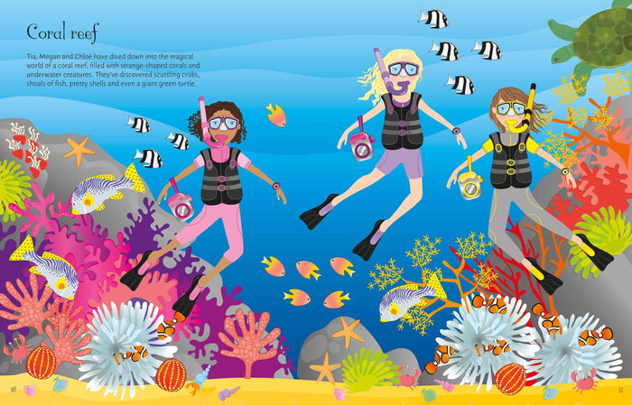 Cartoon illustration of three girls snorkeling in a vibrant coral reef with colorful fish and a sea turtle.
