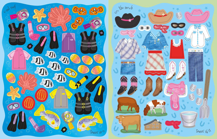 Sticker book pages featuring colorful coral reef and ranch themes with clothing, gear, animals, and accessories.