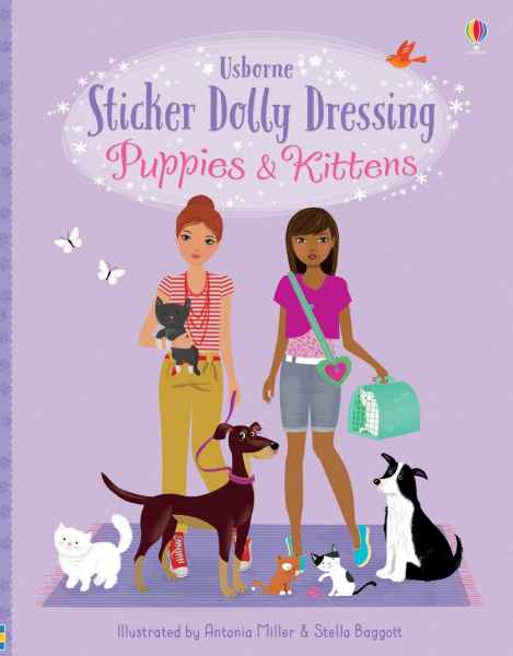Illustrated cover showing two girls with various puppies and kittens on a sparkly purple background.