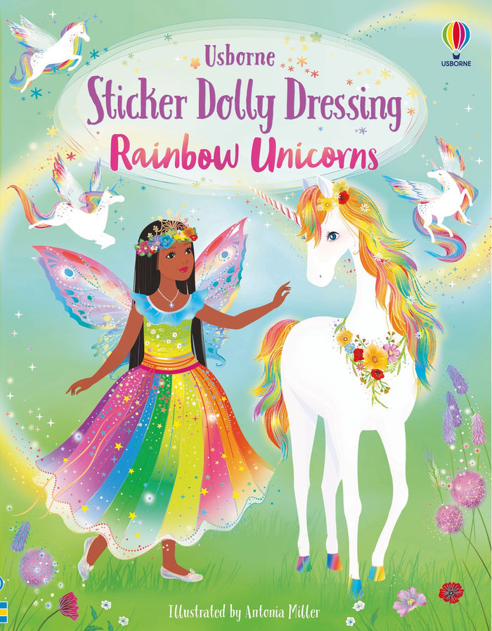 Fairy in a rainbow dress and wings next to a white unicorn with a rainbow mane on a colorful, sparkling book cover.
