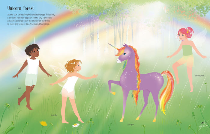 Three fairies and a purple unicorn with a rainbow mane in a sunny forest under a large rainbow with light rain.