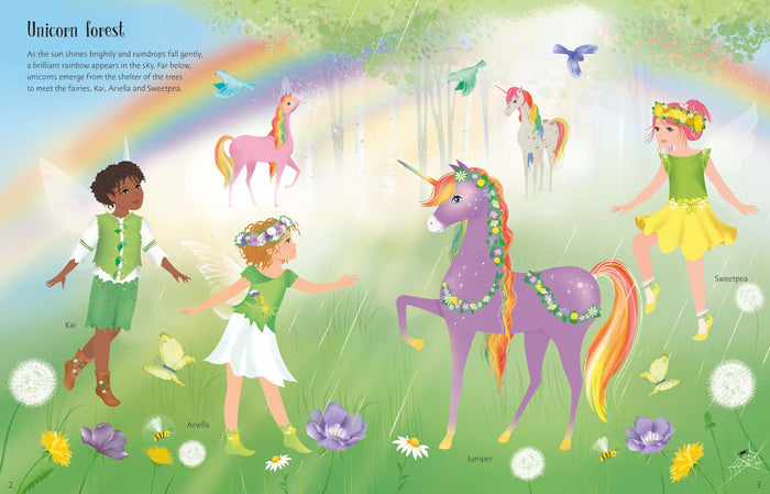 Magical forest illustration featuring three fairies, three colorful unicorns, a bright rainbow, and spring flowers.
