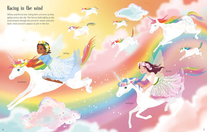 Two fairies ride white unicorns with rainbow manes through a colorful sky filled with rainbows and pastel clouds.