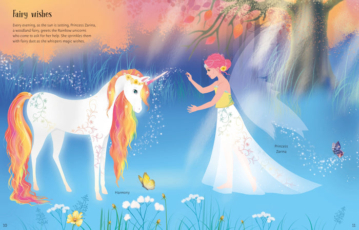 Fairy princess with pink hair sprinkles magic dust on a white unicorn with a rainbow mane in a magical blue forest.