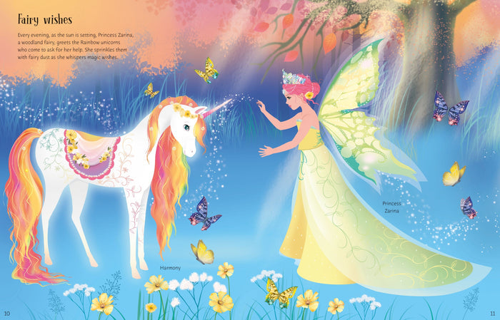 A pink-haired fairy sprinkles magic dust on a white unicorn with a rainbow mane in a colorful enchanted forest scene.
