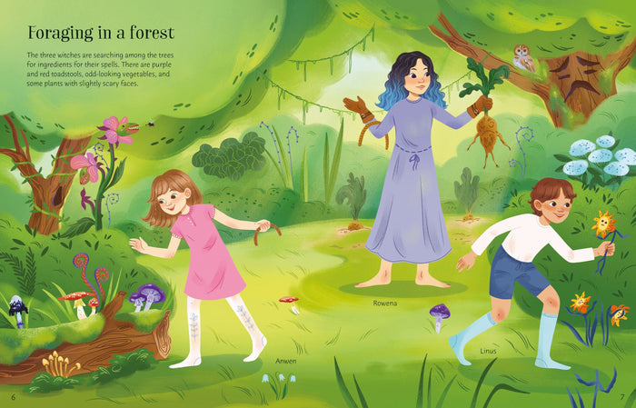 Illustration of characters Anwen, Rowena, and Linus foraging for magical plants in a vibrant, whimsical green forest.