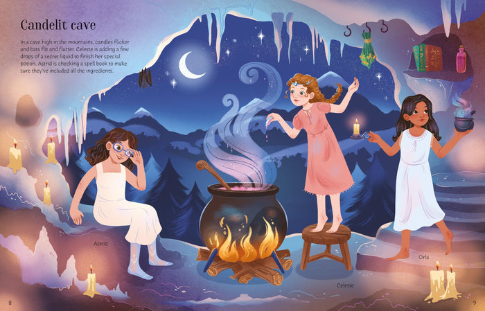 Three girls brew a potion in a moonlit mountain cave with a bubbling cauldron, icicles, and a crescent moon.