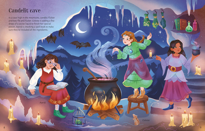 Three girls brew a potion in a cauldron in a magical, candlelit cave under a crescent moon and bats.
