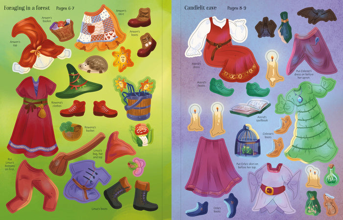 Two colorful sticker book pages featuring witch and wizard clothing, boots, and magical forest and cave accessories.