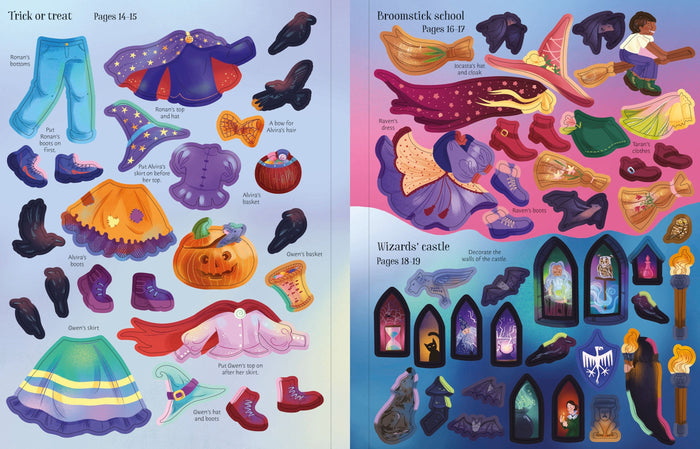 Two pages of colorful stickers showing wizard outfits, hats, brooms, bats, and gothic-style castle window decorations.