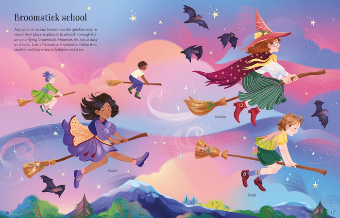 Book illustration spread of witches and wizards flying on broomsticks in a vibrant pink and purple magical sky.