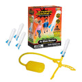Orange product box beside a yellow foot pump launcher and four white foam rockets with blue fins.