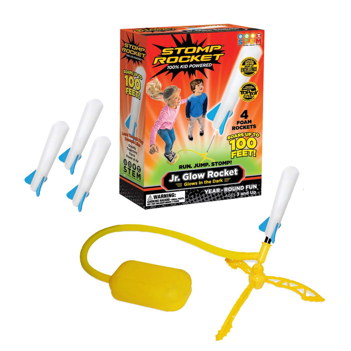 Orange product box beside a yellow foot pump launcher and four white foam rockets with blue fins.