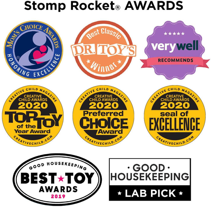 Eight award logos for Stomp Rocket including Creative Child 2020, Mom's Choice, and Good Housekeeping Lab Pick.