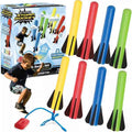 Box and 8 yellow, red, blue, and green foam rockets. A boy stomps a red pump to launch a rocket from a blue stand.