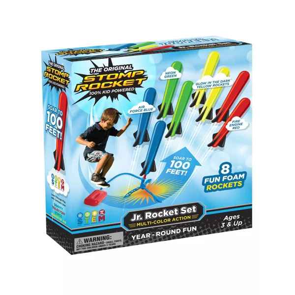 Packaging shows a child launching a blue foam rocket. Includes 8 rockets in blue, green, yellow, and red.