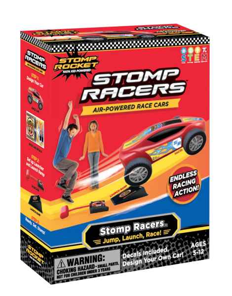 Red box for Stomp Racers showing a boy jumping on a stomp pad to launch a red toy car off a black ramp.