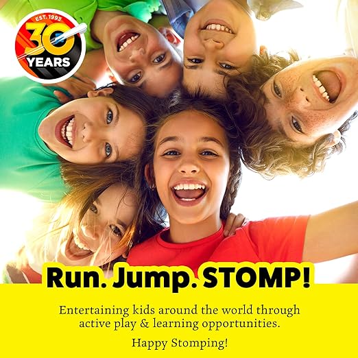 Five smiling kids look down in a circle above a yellow banner reading Run. Jump. STOMP! and a 30th anniversary logo.