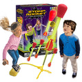 Children launching yellow and red foam rockets from a yellow base next to the purple and black Stomp Rocket toy box.