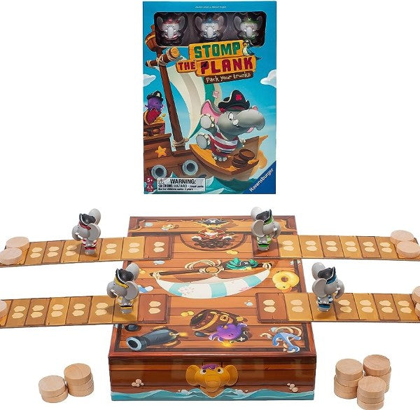Pirate board game set with magnetic planks, elephant pirate figures, and wooden discs on a colorful ship deck base and box.