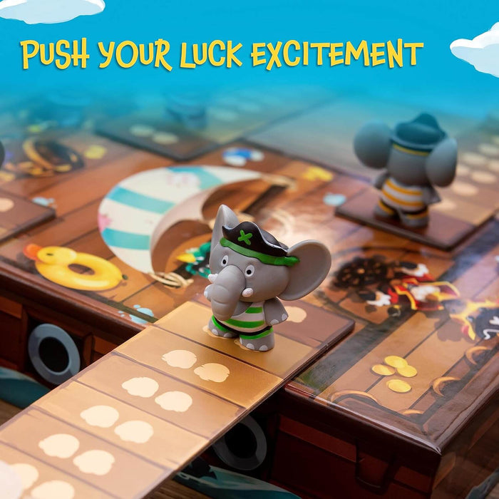 Elephant pirate figures on a wooden plank game board with yellow text reading Push Your Luck Excitement.