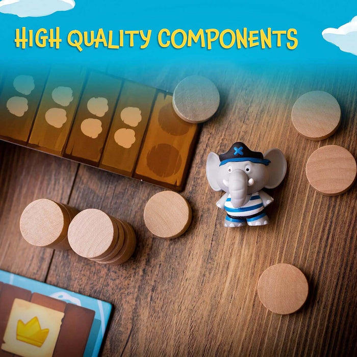 Pirate elephant figurine, round wooden tokens, and game board pieces on a wood surface with High Quality Components text.