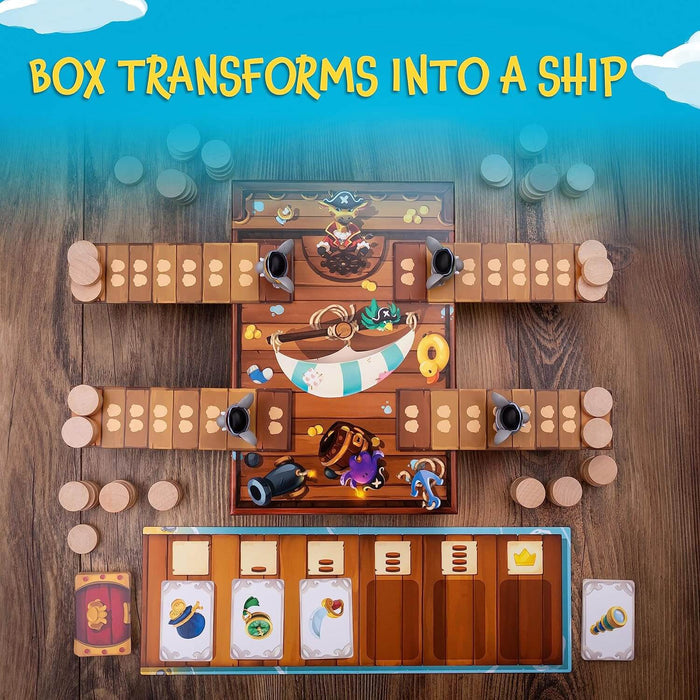 Overhead view of a pirate ship board game with extending wooden planks, round tokens, and cards on a wooden surface.