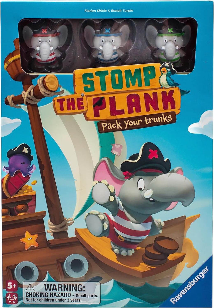 Blue pirate-themed game box with an elephant on a wooden plank and three elephant figurines visible in a clear window.