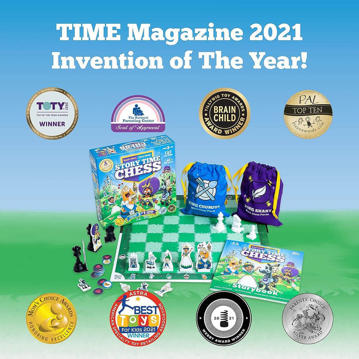 Colorful chess set with character pieces, storybook, and award seals including TIME Magazine Invention of the Year.