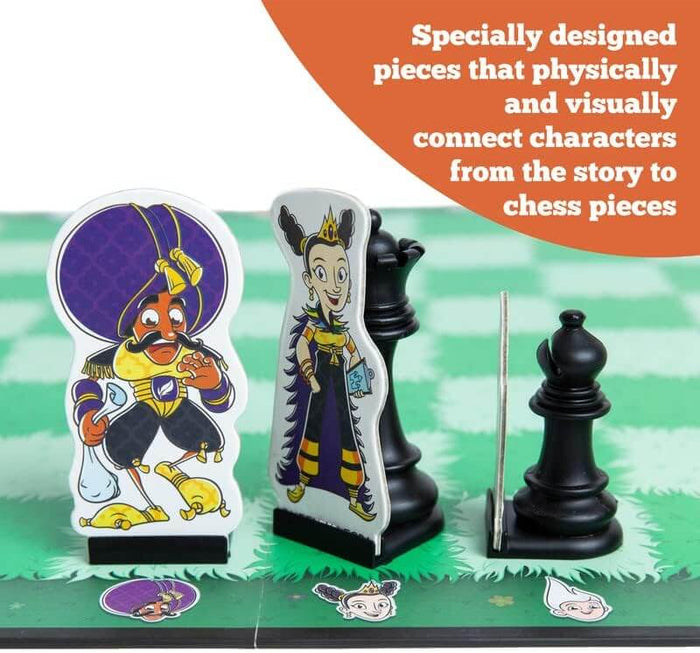 Cartoon character cutouts attached to black chess pieces on a green grass-patterned game board.