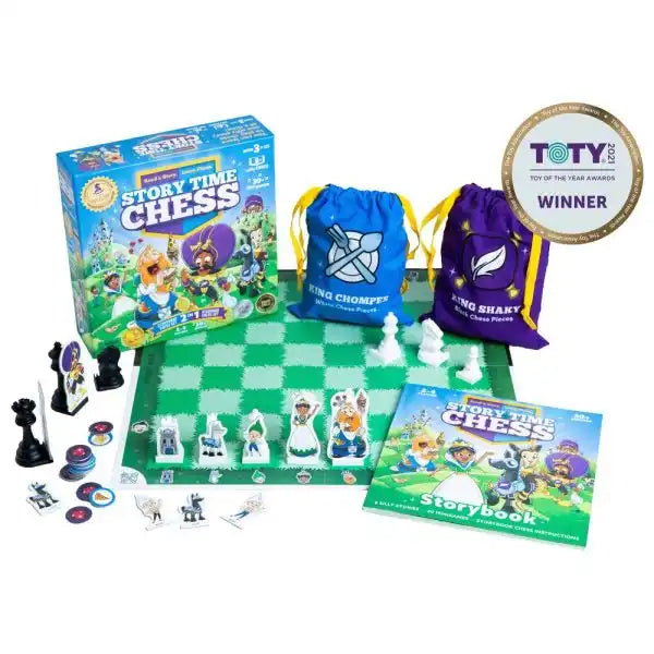 Story Time Chess set featuring a green board, character pieces, a storybook, and blue and purple drawstring bags.