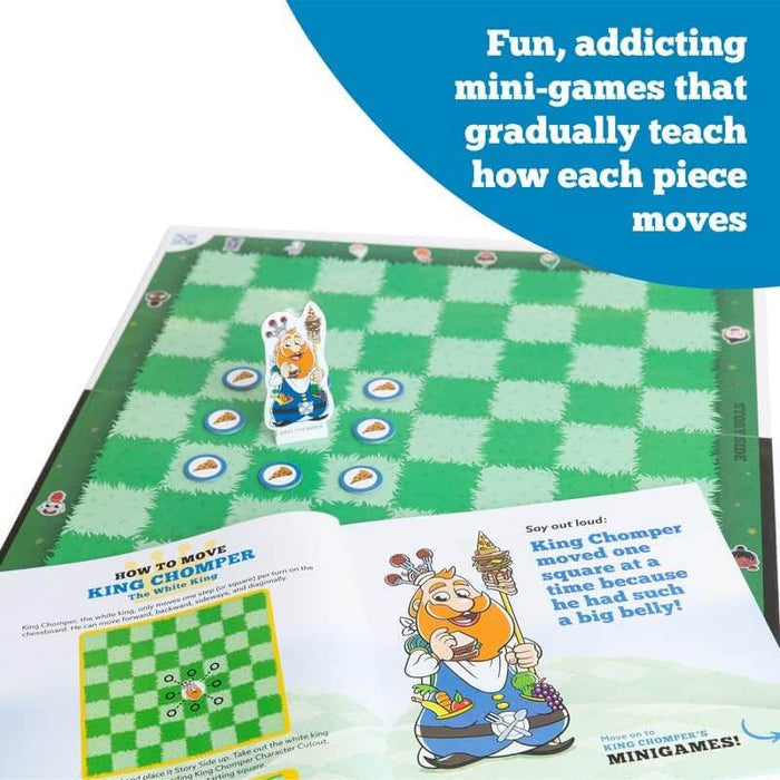 Colorful green checkered board with King Chomper cutout and open storybook explaining how chess pieces move.
