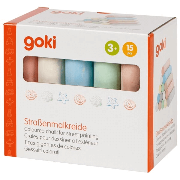 White box of 15 thick pastel street chalks with a viewing window, seashell drawings, and a 3+ age rating.