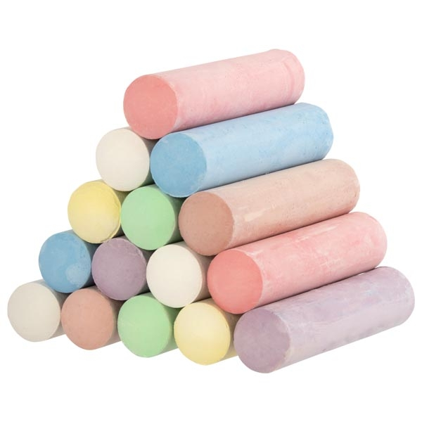 Pyramid stack of thick, cylindrical sidewalk chalk in assorted pastel colors like pink, blue, yellow, and green.