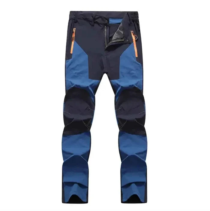 Men's dark blue waterproof hiking pants from Mead's Supply & Equipment Outfitters, windproof, stretch, and wear-resistant outdoor trousers.