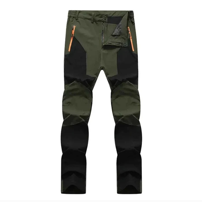 Men's dark blue stretch windproof waterproof hiking pants by Mead's Supply & Equipment Outfitters, wear-resistant outdoor trousers.