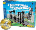 Blue box showing built plastic models of a bridge and skyscraper with a gold award seal in the bottom left corner.