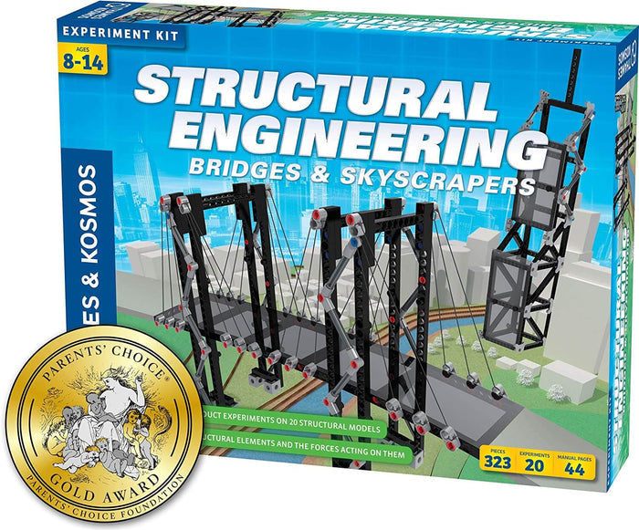 Blue box showing built plastic models of a bridge and skyscraper with a gold award seal in the bottom left corner.