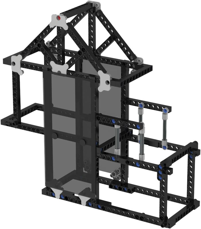 Black plastic girder toy model of a building frame with a gabled roof, grey panels, and small blue connectors.