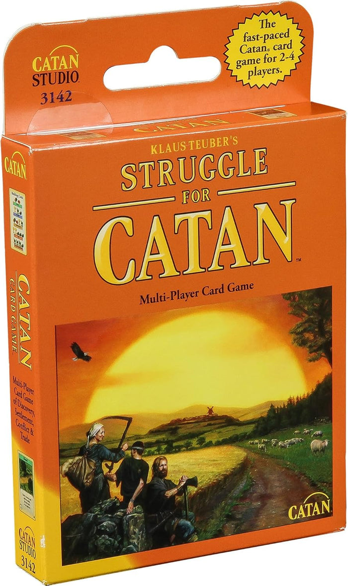 Orange Struggle for Catan box featuring a sunset landscape illustration of three settlers, sheep, and a windmill.