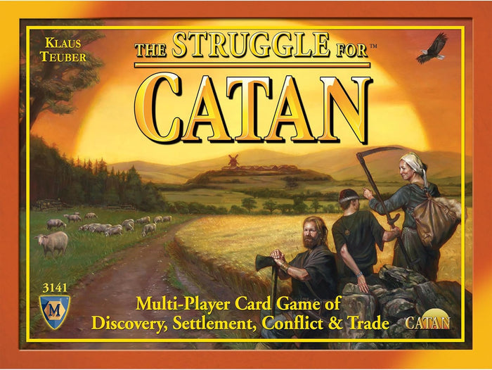 Game box featuring three settlers in a rural landscape with sheep, a windmill, and a large golden sun in the background.