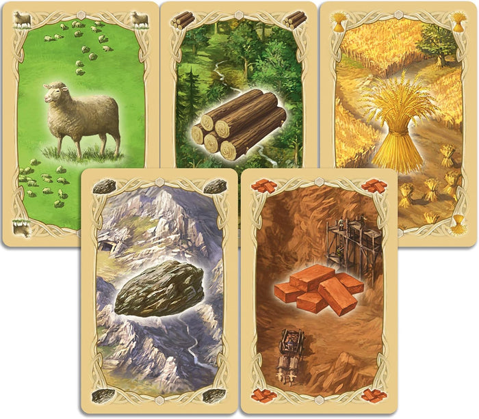 Five game cards illustrating a sheep, wood logs, wheat bundles, a gray rock, and red bricks with tan ornate borders.