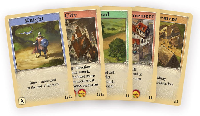 Five fanned game cards with cream borders and colorful medieval illustrations of a knight, city, and landscapes.