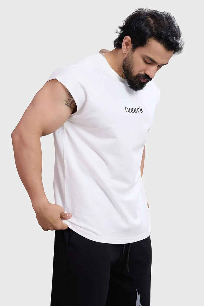 Fuaark NZ stylish white blackout cap sleeve workout tank top, casual sleeveless athletic top for active wear.