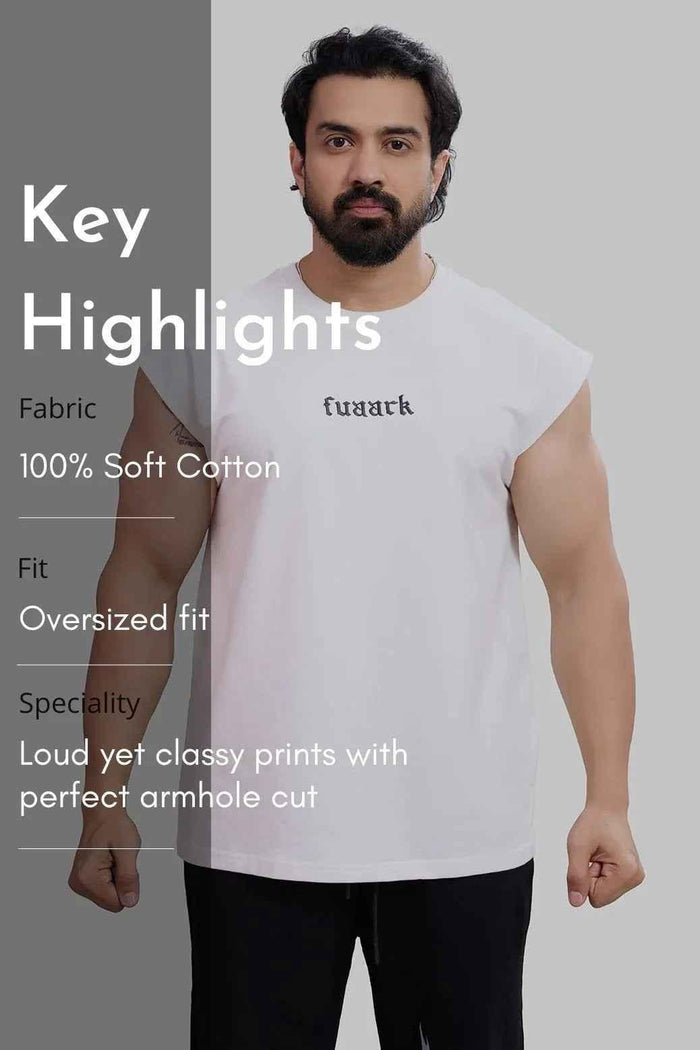 White blackout cap-sleeve workout tank top by Fuaark NZ, stylish sleeveless athletic top for exercise and activewear.